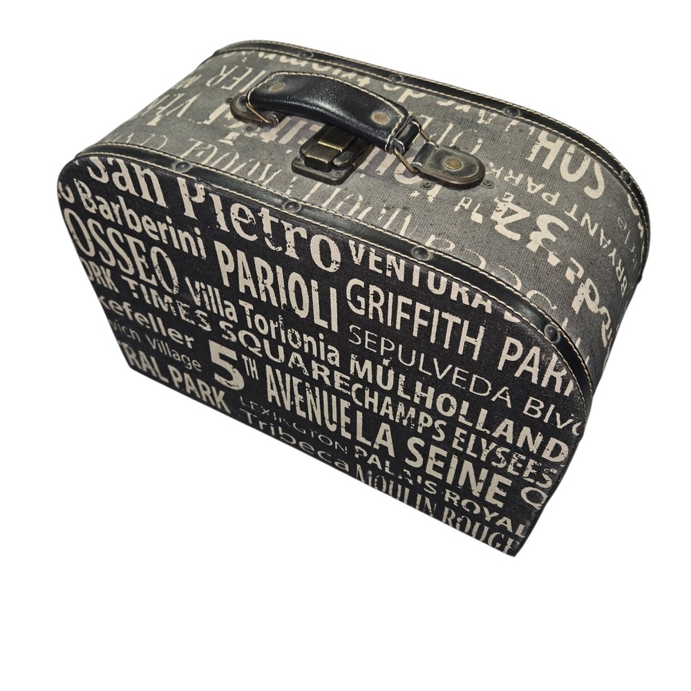 VTG Decorative Typography Print Storage Trunk Suitcase Black Cream Sz Medium